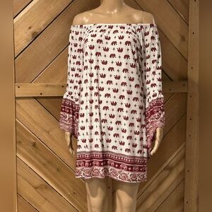 Miss Lily Off-Shoulder Elephant Print Dress in White and Burgundy